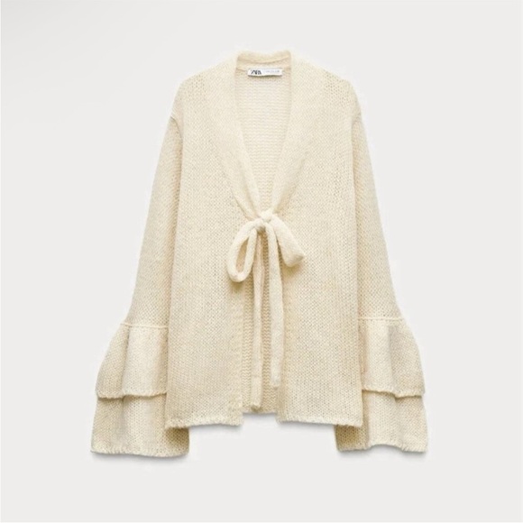 Zara Sweaters - Zara Cream Knit Cardigan with Tie-Front